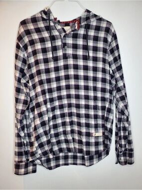 Altamont Plaid Hooded Henley Button Down Shirt Purple Blk Wht XL Andrew Reynolds